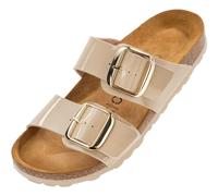 Palado Pantoletten Damen Samos GS - bequeme Sandalen Made in Spain - Hausschuhe mit dämpfendem Kork-Fußbett - modische Sommerschuhe Lack Creme UK8 - EU41
