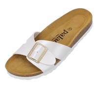 Palado Pantoletten Damen Tinos - bequeme Sandalen Made in Spain - elegante Hausschuhe mit Kork-Fußbett - modische Sommerschuhe Weiß Metallic UK7 - EU40
