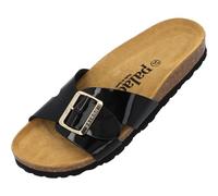 Palado Pantoletten Damen Tinos - bequeme Sandalen Made in Spain - elegante Hausschuhe mit Kork-Fußbett - modische Sommerschuhe Schwarz Lack/Gold UK8 - EU41