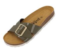 Palado Pantoletten Damen Tinos - bequeme Sandalen Made in Spain - elegante Hausschuhe mit Kork-Fußbett - modische Sommerschuhe Khaki Lack UK8 - EU41