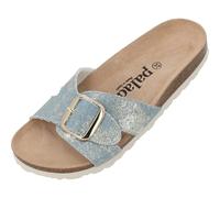 Palado Pantoletten Damen Tinos Jeans - elegante Sandalen Made in Spain - bequeme Hausschuhe mit Kork-Fußbett - modische Sommerschuhe Hellblau/Gold UK9 - EU42
