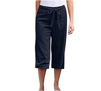 Palazzo Hose Damen Cargo Hose Damen Baggy Jeans Damen High Waist High Waist Einfarbiges Tunnelzug 7/8 Hosen Mit Taschen Baumwoll Leinen Locker Chino Hose Leicht Stoffhose Damen Leinenhose (Marine Xxl)