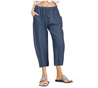 Palazzo Hose Damen Hose Schwarz Damen Pyjamahose Damen Lang Elastische Taille Einfarbiges Tunnelzug 7/8 Hose Mit Taschen Baumwoll Leinen Locker Chino Hose Leicht Stoffhose Damen Cargohose (Marine, 3Xl