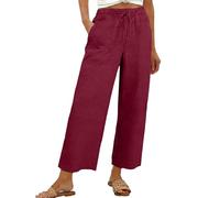 Palazzo Hose Damen Sommer Leinen Leicht Weit Bein Freizeithose Luftige Stoffhose Elegant Einfarbig Hohe Taille mit Taschen Kordelzug