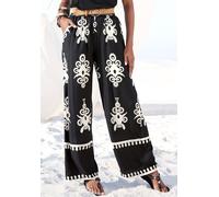 Palazzohose LASCANA "mit Ethno-Print und weitem, luftigem Bein", Damen, Gr. 46, N-Gr, schwarz (schwarz, sand bedruckt), Web, Obermaterial: 100% Viskose, bedruckt, figurumspielend lang, Hosen Palazzoho