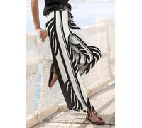 Palazzohose S.OLIVER "mit weiter, lockerer Beinform", Damen, Gr. 44, N-Gr, creme, schwarz bedruckt, Crêpe, Obermaterial: 100% Viskose, bedruckt, figurumspielend lang, Hosen Palazzohose, aus Viskose-Cr