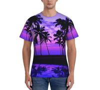 Palm Tree Purple Sunset Herren T-Shirt Sommer Rundhals Slim Fit Kurzarm, Schwarz , M