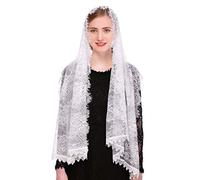 PAMOR Chapel Veil Spanische Spitze Blumen Mantilla Schleier Wickelschal Massenkopf Abdeckung Rechteckige Form, Weiss/opulenter Garten, Einheitsgröße