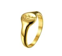 PAMTIER Damen Edelstahl Runder Micro Siegelring Pinky mit Rose Blume Stapeln Verlobungsring Vergoldet Größe 52