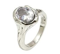 PAMTIER Damen Edelstein Ring Oval Zirkonia Siegelring mit Unregelmäßiger Textur Hochzeitsbänder Komfort Passform Silber weiß Größe 54 (17.2)
