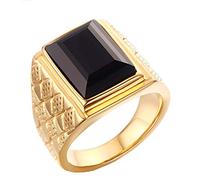 PAMTIER Herren 18K Gold Überzogen Fett Gedruckt Edelstahl Ringe mit Schwarz Stein Größe 60 (19.1)