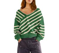 Panadila Gestreifter schulterfreier Damen-Pullover, übergroß, langärmelig, V-Ausschnitt, Strickpullover mit Farbblock, Grün-Beige-Kombination, Groß