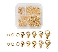 PandaHall 100 Stück 304 Edelstahl Karabinerverschlüsse in 5 Größen, echt 24 Karat vergoldet, Klauenverschluss, Metallverschluss mit 120 Biegeringe für Halsketten, Armbänder, Schmuckherstellung