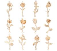 PandaHall 12 Stück Goldene Blumenglieder, 18K Vergoldete Messing-Blumen-Verbindungs-Charms Pflanzen-Anhänger-Anschlüsse Doppelloch-Anhänger-Charms Für DIY Halskette, Armband, Schmuck, Basteln