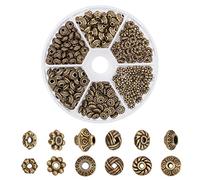 PandaHall 300 Stück 6 Stil Antik Bronze Zwischenperlen, tibetische Metalllegierung Schmuckperlen Rohr Zwischenstücke Blume Flache Rondelle Lose Perlen für Armband Halskette Ohrring Schmuckherstellung