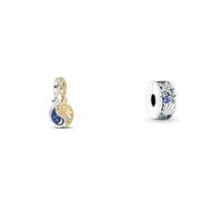 PANDORA Bicolor Teilbarer Sonne & Mond Charm-Anhänger aus Sterling Silber & Moments Tropischer Seestern & Muschel Clip-Charm aus Sterling-Silber mit Cubic Zirkonia