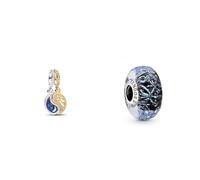 PANDORA Bicolor Teilbarer Sonne & Mond Charm-Anhänger aus Sterling Silber & Welliges dunkelblaues Ozean Murano-Glas Charm