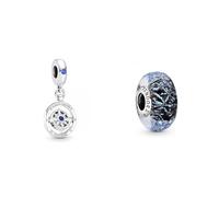 Pandora Charm Anhänger Kompass Silber, Kristall blau 790099C01 & Welliges dunkelblaues Ozean Murano-Glas Charm