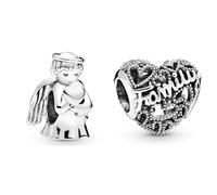 PANDORA Charm Engel der Liebe 798413C00 & Family Herz Charm Sterling-Silber 8,6 x 10,8 x 11,5 mm (T/H/B)