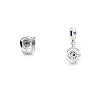 Pandora Charm Funkelnde Eule 798397NBCB & Charm Anhänger Kompass Silber, Kristall blau 790099C01