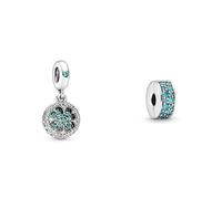Pandora Charm Kleeblatt grün 797906NRGMX & Moments Petrolfarbener Pavé-Clip Sterling Silber, Cubic Zirconia 791817MCZ