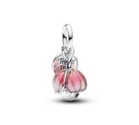 PANDORA Charm Zweifarbige blühende Blume Anhänger mit 14 Karat Vergoldung, grünem Kristall und rosa Emaille, Gravur Danke, kompatibel Moments ME, 764453C01