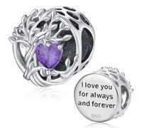 Pandora Charm Silber Charm 925 Silber Lebensbaum Charms Baum des Lebens Bead Stammbaum Geburtsstein des Monats Februar Charms Lila Zirkon für Anhänger Armbänder Familie Geschenke für Damen Mädchen