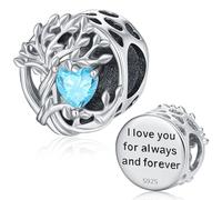 Pandora Charm Silber Charm 925 Silber Lebensbaum Charms Baum des Lebens Bead Stammbaum Geburtsstein des Monats März Blauer Zirkon Charms Blauer Zirkon für Armbänder Familie Geschenke für Damen Mädchen