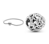 PANDORA Damen-Armband mit Kugelverschluss, glatt 925 Silber 17 cm-590728-17 & All Over-Herzen Charm Sterling-Silber 11 x 11 x 10,7 mm (T/H/B)