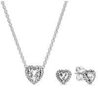 PANDORA Damen-Geschenkset Halskette und Ohrringe Erhabenes Herz Weiß Kette und Ohrstecker für Frauen 925 Silber Schmuck-Set 28510