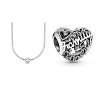 PANDORA Damen Schlangen- Gliederhalskette Sterling- Silber 590742HV-45, 45 cm & Family Herz Charm Sterling-Silber 8,6 x 10,8 x 11,5 mm (T/H/B)