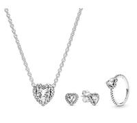 PANDORA Damen Schmuck-Set Kette, Ohrringe und Ring Herz zauberhaftes Schmuckstück für Frauen, elegante Geschenkidee 68333-56 Ringgröße 56/17,8