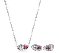 PANDORA Damen-Schmuckset Halskette und Ohrringe Halo Herzen Zweifarbig Kette und Ohrstecker für Frauen 925 Silber Geschenk-Set 28512