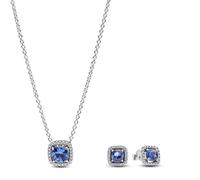 PANDORA Damen-Schmuckset Kette + Ohrstecker Funkelndes Quadrat Blau 68616 | Heiligenschein Silber, elegantes Geschenk-Set mit Halskette und passenden Ohrringen