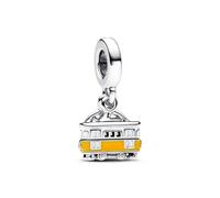 PANDORA Engravable Lisbon Tram Sterling Silver Double Dangle with Clear and red Cubic Zirconia, Yellow and White Enamel