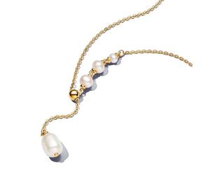 PANDORA Essence Behandelte Süßwasserzuchtperle Tropfen-Collier-Halskette aus Sterling Silber mit vergoldeter Metalllegierung, Größe 65cm, 363259C01-65