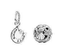 Pandora Glückshufeisen Charm-Anhänger + Offen gearbeitetes Seestern, Muschel und Herzen Charm aus Sterling Silber mit Zirkoniasteinen verziert, SET799157C01+798950C00