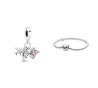 PANDORA Moments 799435C01 Flugzeug, Globus und Koffer Charm-Anhänger & Moments Schlangen-Gliederarmband mit Herz-Verschluss aus Sterlingsilber Moments Collection, Größe: 17 cm