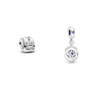 PANDORA Moments Abenteuer-Rucksack Charm aus Sterling Silber, Kompatibel Moments Armbändern, 793351C00 Charm Anhänger Kompass Silber, Kristall blau 790099C01