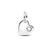 PANDORA Moments April Gravierbares Herz Klarer Stein Charm-Anhänger aus Sterling Silber mit weißem Zirkonia, Kompatibel ME und Moments, 794295C04