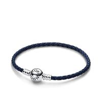 PANDORA Moments Blaues Geflochtenes Lederarmband mit Kugelverschluss aus Sterling Silber, Kompatibel Moments, Größe: 20,5 cm, 592790C01-S3