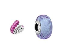 Pandora MOMENTS Charm Süße gekräuselte Raupe Silber 790762C01 & Wellenförmiges Lavendelblaues Murano-Glas Charm, 798875C00, Lila, 1,3cm