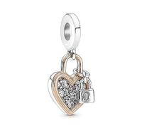 Pandora Moments Doppelanhänger Herz-Vorhängeschloss, Sterlingsilber und 14-karätig Roségold-vergoldet, mit klarem Cubic Zirkonia