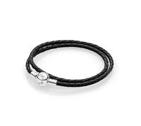 Pandora Moments doppeltes schwarzes Lederarmband mit Kugelverschluss aus Sterling Silber, Kompatibel Moments, Größe: 44cm, 590745CBK-D4