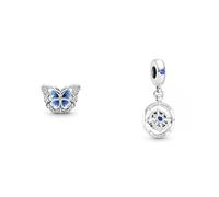 PANDORA Moments Funkelndes Blauer Schmetterling Charm aus Sterling-Silber mit Cubic Zirkonia - Kompatibel Moments Armbänder, 790761C01 & Charm Anhänger Kompass Silber, Kristall blau 790099C01