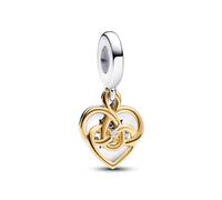 PANDORA Moments Gravierbarer Mama Doppelter Charm-Anhänger aus Sterling Silber mit vergoldeter Metalllegierung und im Labor gezüchtetem Diamanten, Kompatibel Moments Armbändern, 763237C01