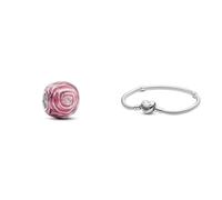 PANDORA Moments Rosafarbene Blühende Rose Charm aus Sterling Silber, Kompatibel Moments Armbändern, 793212C01 Moments Schlangen-Gliederarmband mit Herz-Verschluss aus Sterling-Silber