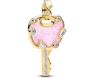 PANDORA Moments Schillernder rosafarbener Liebesschlüssel Großer Charm-Anhänger mit 14k vergoldete Metalllegierung und Zirkonia, Kompatibel ME und Moments, 764349C01