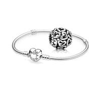 PANDORA Moments Schlangen-Gliederarmband mit Herz-Verschluss + All Over-Herzen Charm aus Sterling-Silber im Geschenkset, Gr. 21 cm, SET590719-21+790964