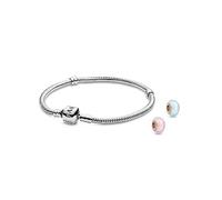 Pandora Moments Style Your Story Set Schlangen-Gliederarmband inkl. mattem rosafarbenen und blauen Murano-Glas Charm, Gr. 20cm